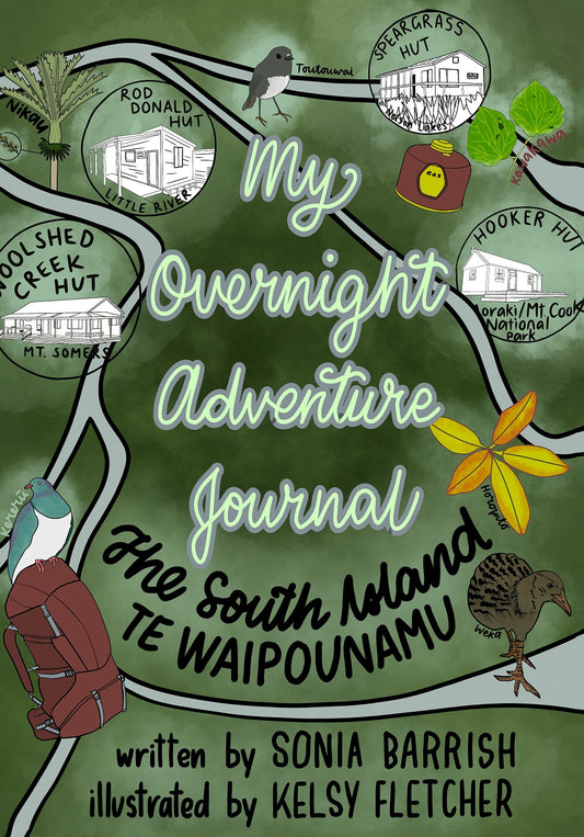 Cover of 'My Overnight Adventure Journal: The South Island Te Waipounamu' with illustrations and text.