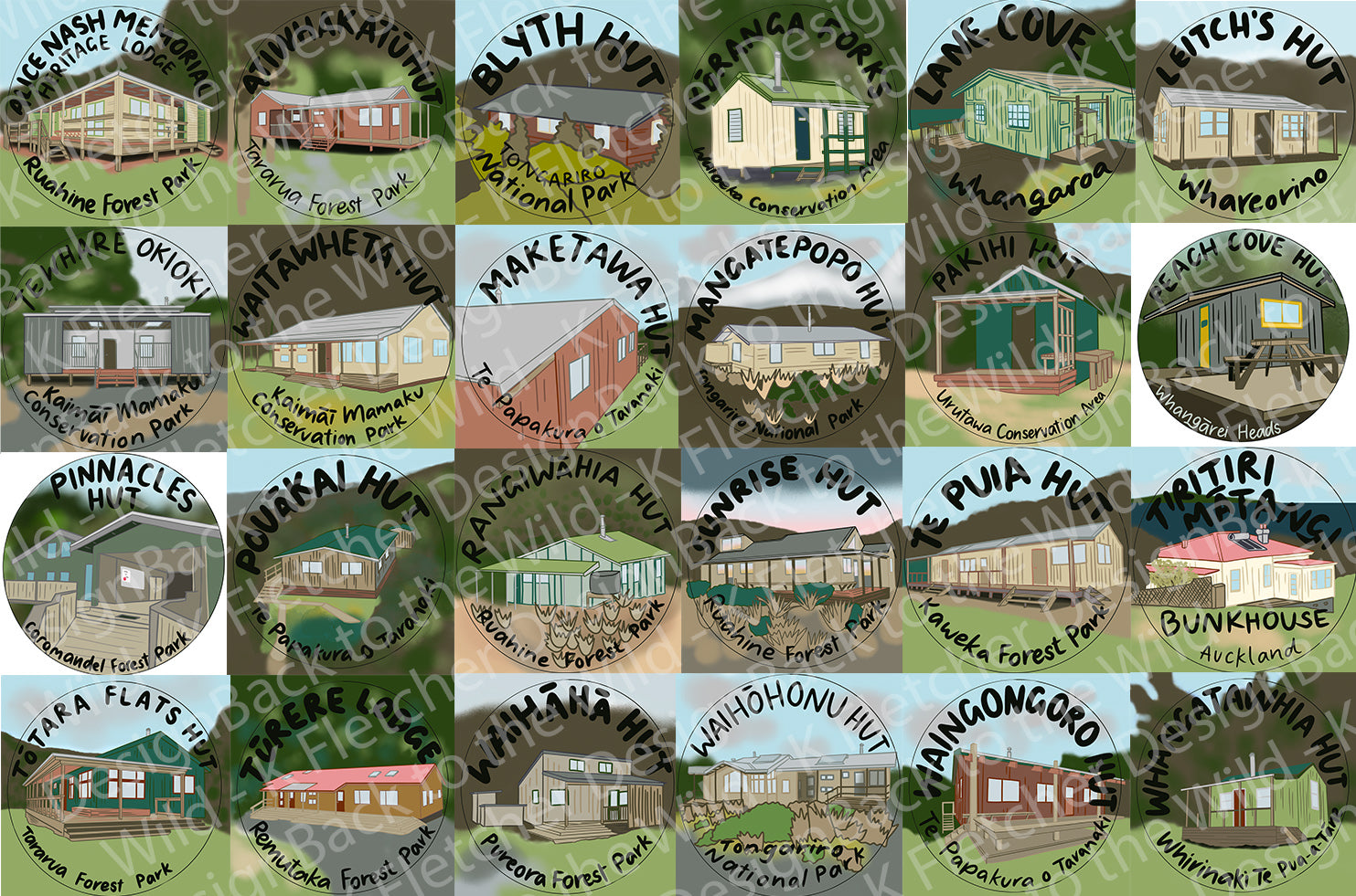 Collage of various huts with names and locations around New Zealand