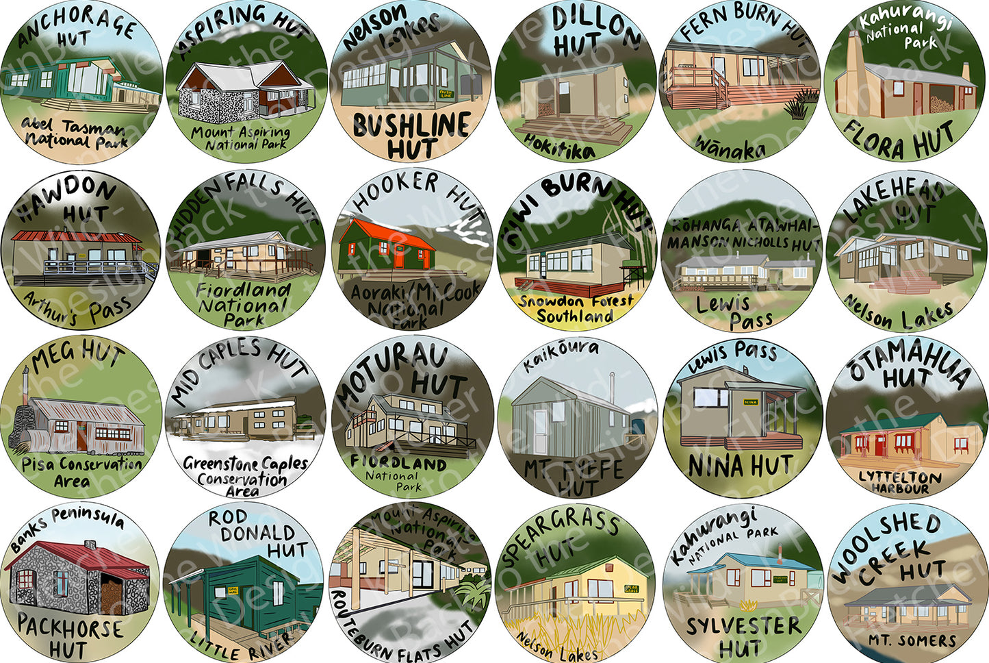 Collection of round stickers of various overnight huts and their names, from New Zealand's hiking trails.